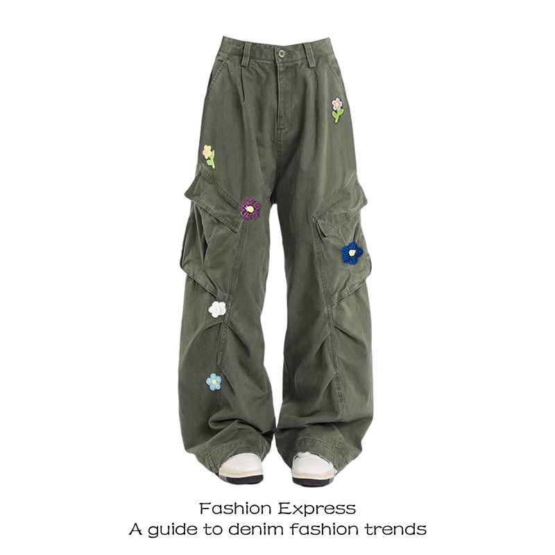 大码胖mm美式复古花朵刺绣多口袋工装牛仔裤女秋冬宽松阔腿拖地裤,女装/女士精品,大码裤装,淘宝优惠券,粉丝福利购,淘宝优惠卷