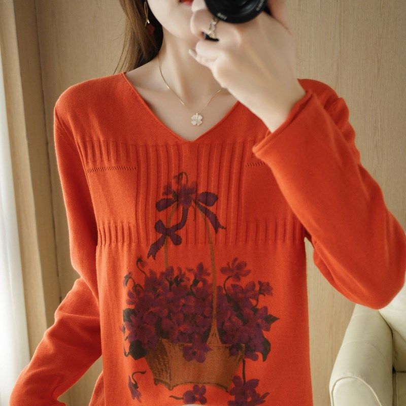 V领文艺印花针织衫女秋冬新款内搭套头毛衣宽松百搭棉线打底上衣,女装/女士精品,毛衣,淘宝优惠券,粉丝福利购,淘宝优惠卷
