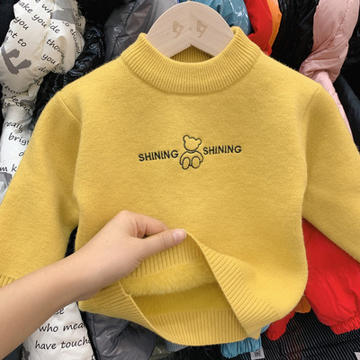 男童毛衣秋冬款半高领套头针织女童加厚一体绒儿童宝宝白色打底衫