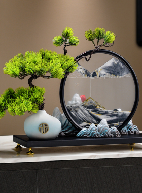 新中式迎客松流沙画办公室办公桌装饰品摆件客厅家居博古架工艺品