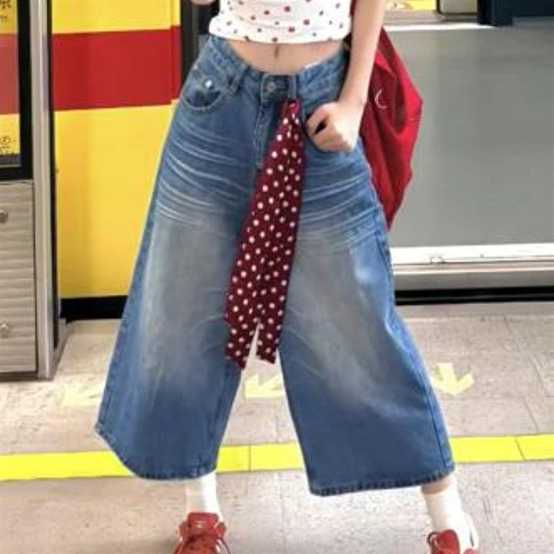 大码美式复古水洗褶皱牛仔七分裤女2025新款高腰宽松休闲阔腿中裤,女装/女士精品,大码裤装,淘宝优惠券,粉丝福利购,淘宝优惠卷