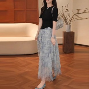 小众炸街高级感女装欧若风短袖针织打底衫百搭扎染蛋糕裙两件套女