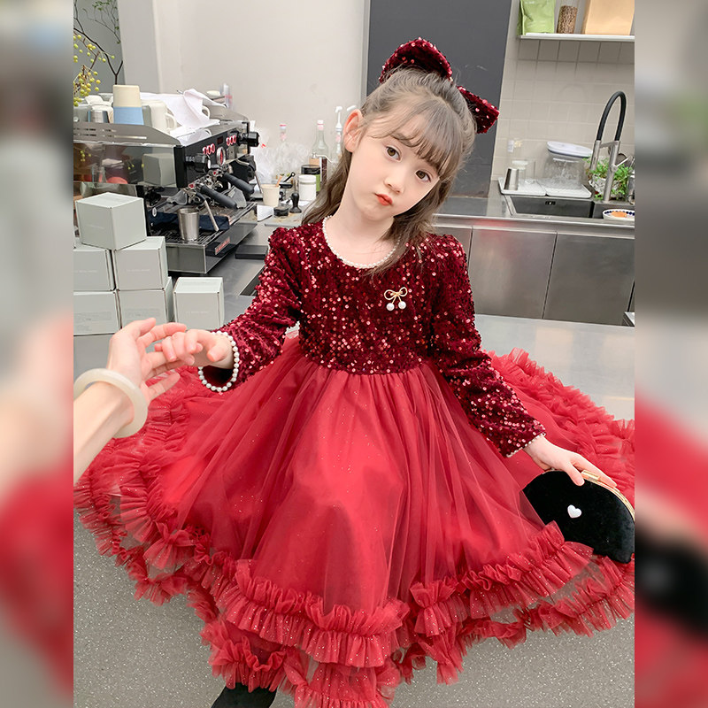 女童洋装秋季2023新款秋装小女孩洋派公主裙秋冬款儿童红色裙子