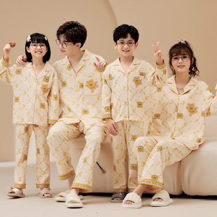 一家三四口亲子装父子母女长袖纽扣开衫纯棉春秋季男女孩儿童睡衣