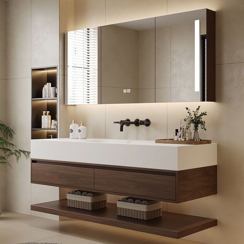 原木风可丽耐岩板热弯无缝一体盆橡木G浴室柜组合洗脸洗漱台盆定