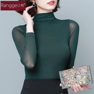 高端网纱舞蹈上衣女秋冬高弹力紧身长袖 纱衣t恤半高领加绒打底衫