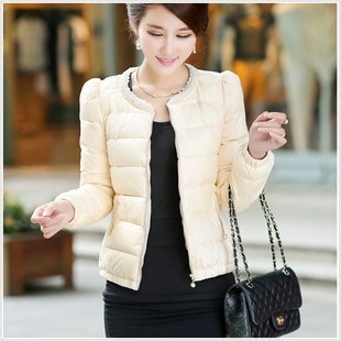 秋冬新款珍珠圆领轻薄款韩版时尚羽绒服女短款修身显瘦外套潮