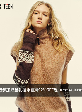 AFTER TEEN复古拉毛全羊毛马甲 高领可翻领套头毛针织衫