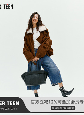 AFTER TEEN麂皮绒面料翻毛领90白鸭绒直充羽绒服女短款廓形派克服