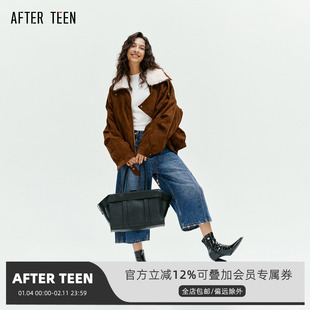 AFTER TEEN麂皮绒面料翻毛领90白鸭绒直充羽绒服女短款廓形派克服