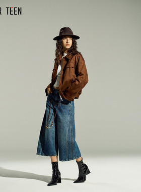 AFTER TEEN麂皮面料 镶边工艺 直充羽绒 复古短款羽绒服/半裙套装