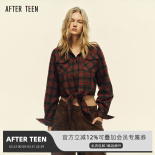 TEEN截短 羊毛衬衫 纽结短款 西部格纹复古长袖 女 衬衫 AFTER