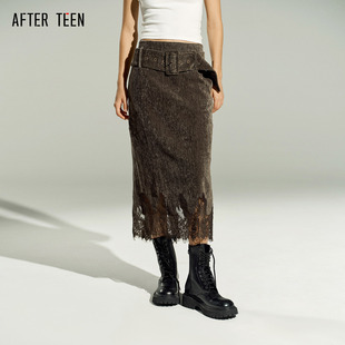 AFTER 半身裙 TEEN复古慕斯灯芯绒蕾丝拼接低腰节宽腰带复古中长款