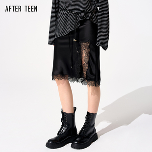 AFTER 纯粹主义」醋酸缎面开衩蕾丝半身裙 TEEN「实用新意