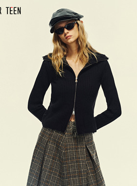 AFTER TEEN1OO全羊毛 翻领毛领双开拉链黑色灰色针织开衫短外套