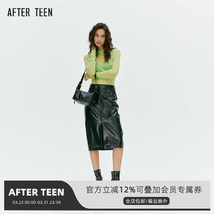 复古A型中长款 美式 黑色半身裙 TEEN摩登环保皮前中开叉皮裙 AFTER