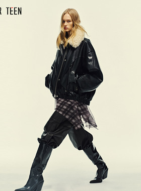 AFTER TEEN可拆卸毛领复古机能风短款磁吸扣PU皮外套 羽绒服皮衣