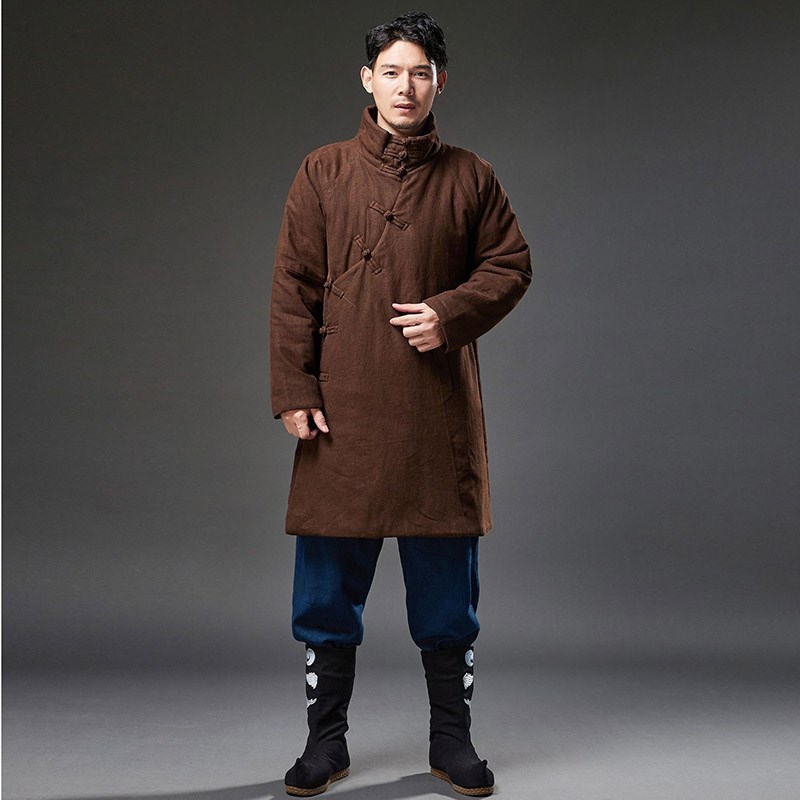 中国风复古苎麻棉袄男中长款夹棉外套羽绒棉斜襟盘扣国风棉衣加厚