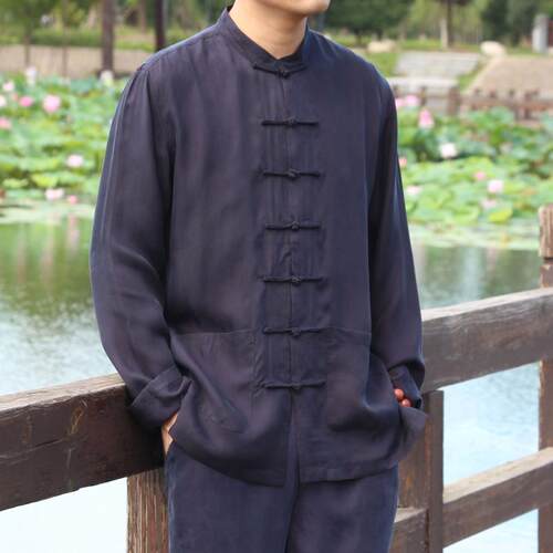 春秋中老年铜氨丝唐装长袖男大码真丝开衫上衣中式爸爸装盘扣衬衫