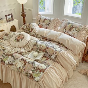 法式浪漫全棉少女心纯棉床裙式四件套公主风花边被套印花床上用品