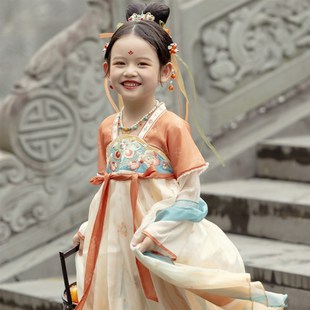 落霞汉服女童秋装2023齐胸披帛连衣裙中秋节古装儿童襦裙唐装