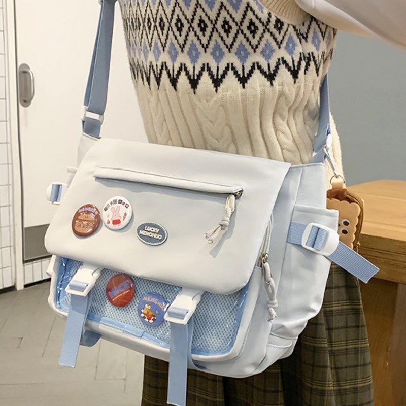 斜挎包女大容量补习包帆布袋学生上课背包百搭邮差包透明吧唧痛包