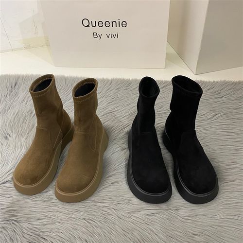 厚底小众设计黑色马丁靴女鞋2021秋冬季新品加绒弹力绒面小短靴子