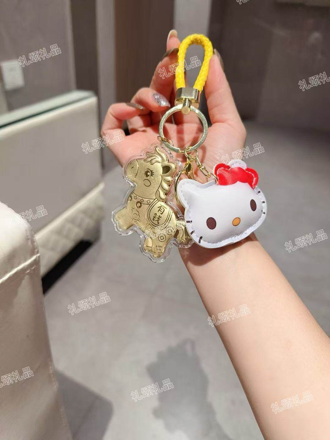 新品足金999黄金马上有钱暴富发财平安喜乐kt猫手机链挂件钥匙扣