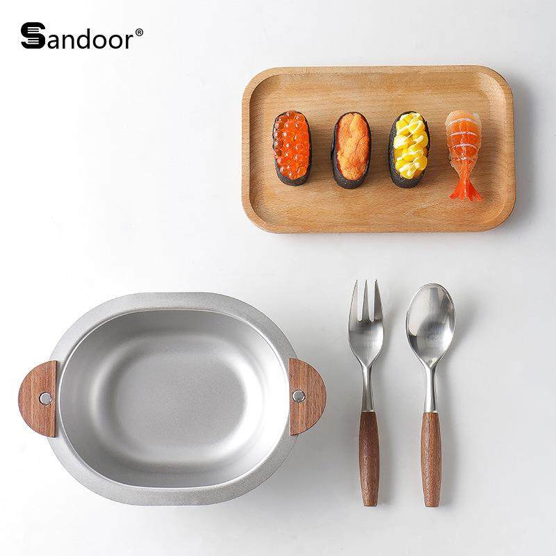 韩式小熊碗304不锈钢饭碗镜光内刻度甜品碗双耳胡桃木美食沙拉碗