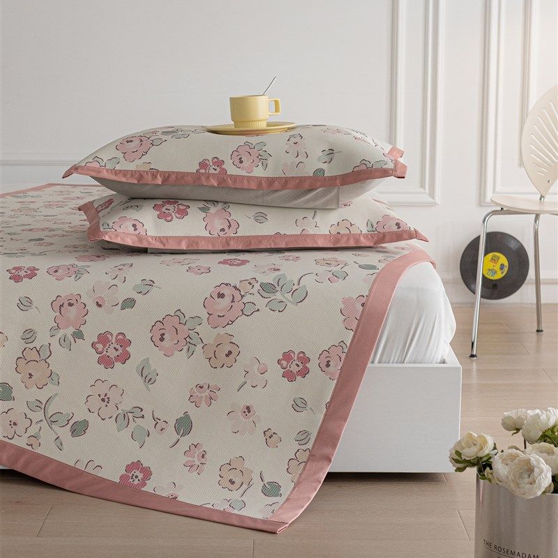 田园清新花卉冰丝席三件套 卡通碎花印花凉席夏季空调席家用软席