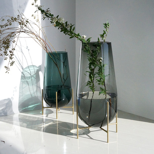轻奢玻璃花瓶现代简约客厅落地花屏装饰摆件龙柳马醉木专用大花瓶