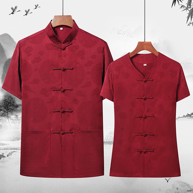 中老年人真丝情侣唐装男女短袖套装爷爷奶奶生日祝寿夏装老人衣服