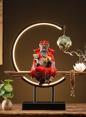 新中式财神爷佛像文财神灯圈家居装饰品开业送礼家用供奉招财摆件