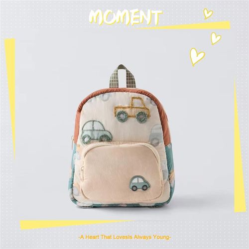 ZA新品儿童汽车刺绣勾毛双肩包男女童幼儿园书包可爱拼色超轻背包