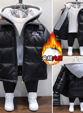 儿童装男童冬装PU皮棉衣2022新款洋气羽绒棉服冬季加厚棉袄外套潮