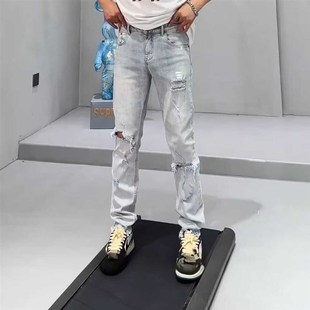 新款 百搭刮烂小脚裤 浅色水洗高街破洞牛仔裤 2024夏季 子 男修身 夏季
