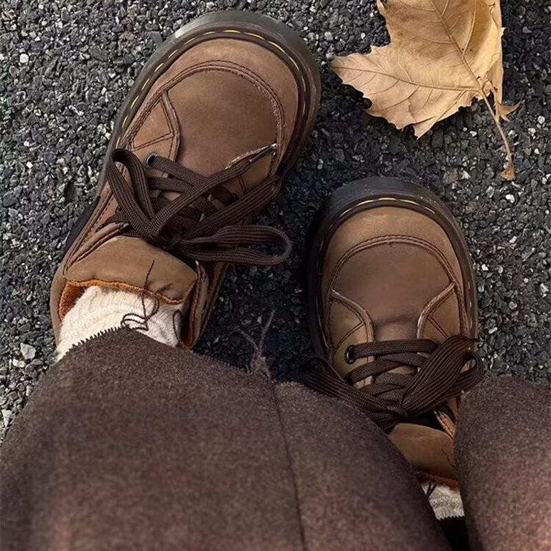 美式复古5孔磨砂皮厚底工装单鞋女2023秋冬新款英伦风系带小皮鞋