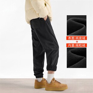 冬季加绒加厚男裤子束脚桃皮绒休闲长裤潮牌防风裤卫裤男生工装裤