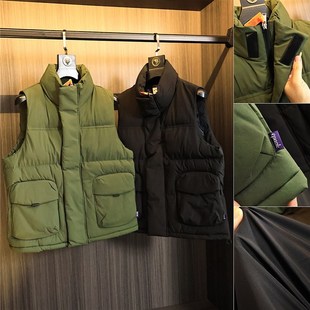 日系街头复古 纯色立体裁剪绗棉保暖立领棉马甲背心外套 秋冬男士