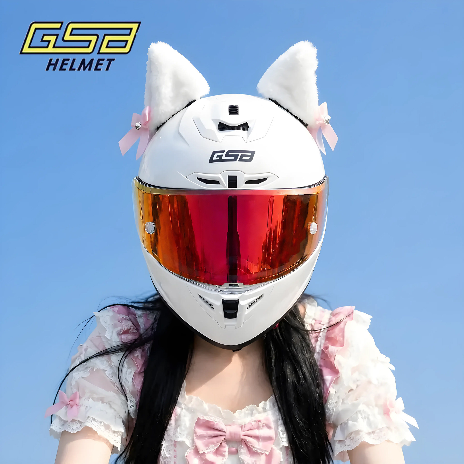 gsb头盔361摩托车夏季猫耳朵机车四季通用3C认证白色骑行全盔女士