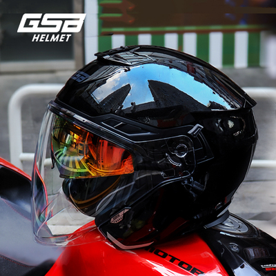 gsb头盔263摩托车半盔男女机车黑色骑士安全防晒双镜片四分之三盔