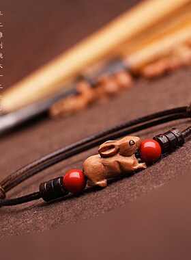 龙年天然桃木朱砂手绳雕刻十二生肖本命年民族风饰品红绳手链男女