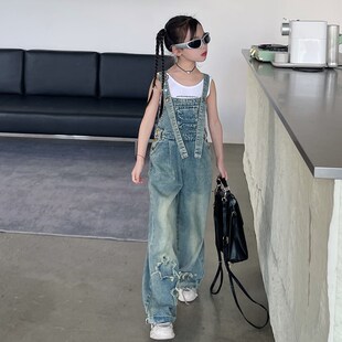 复古背带裤 潮酷时髦阔腿牛仔裤 春秋季 儿童韩版 潮 2024新款 女童美式