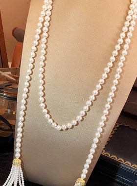 轻奢风小众叠戴多层长款流苏麦穗满钻珍珠项链复古毛衣链高级感女