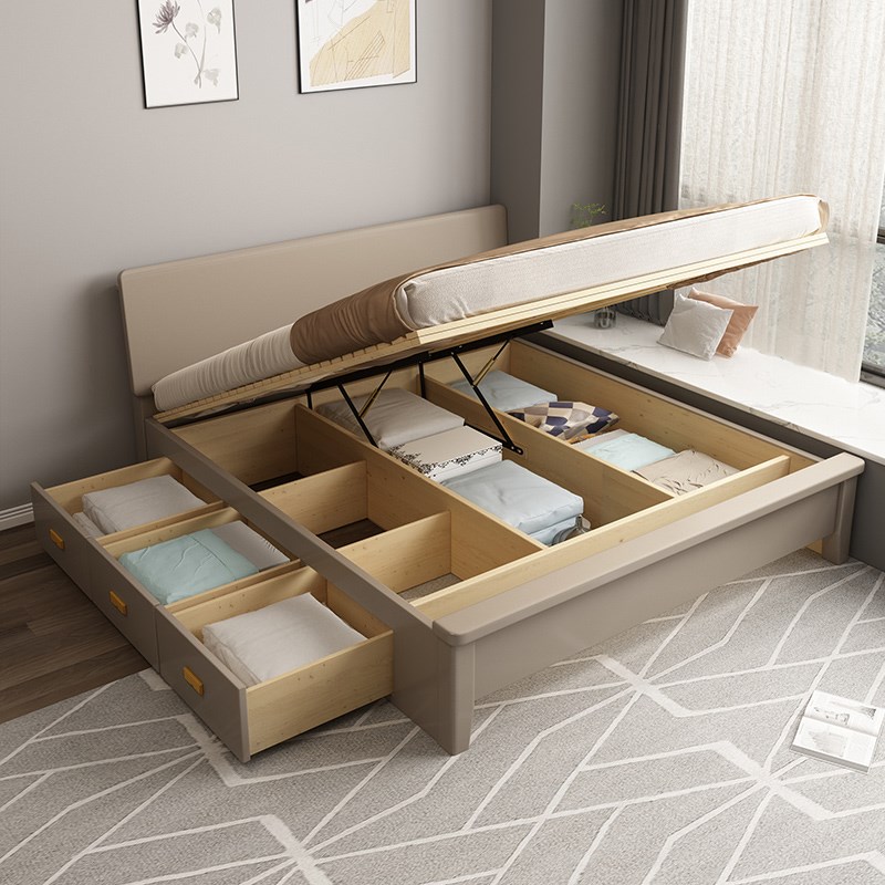 莫兰迪灰色全实木床主卧双人大床1.B8米收纳高箱收纳箱体床1.35米