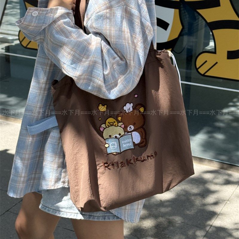 可爱刺绣新款格子单肩包女卡通上课大容量K帆布包学生上课托特通