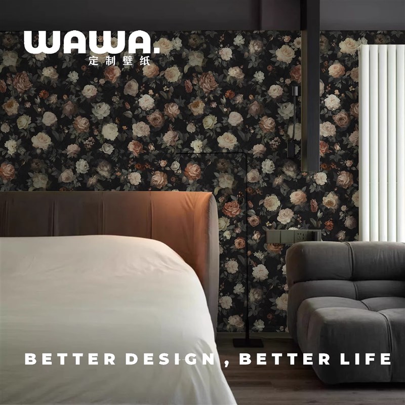 法式覆古黑色玫瑰无缝墙布中古摄影基地L壁纸高端壁纸壁布定制