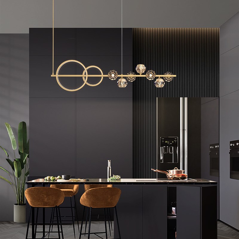 全铜餐厅吊d灯北欧现代简约长条饭厅吧台灯轻奢个性创意大气水晶