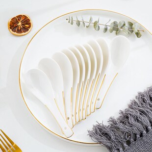 4个装描金e骨瓷小汤勺粥勺家用金边饭勺轻奢长柄汤匙调羹陶瓷勺子