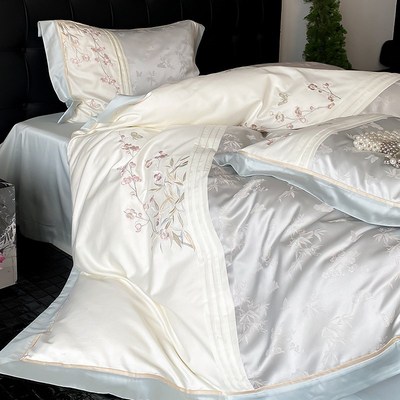 A类新中式100S长绒棉全棉x四件套高级感竹子提花刺绣被套床上用品